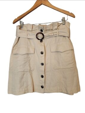 Banana Republic Tan Button-Front Mini Skirt with  Tortise Shell Belt Sz 12 Linen